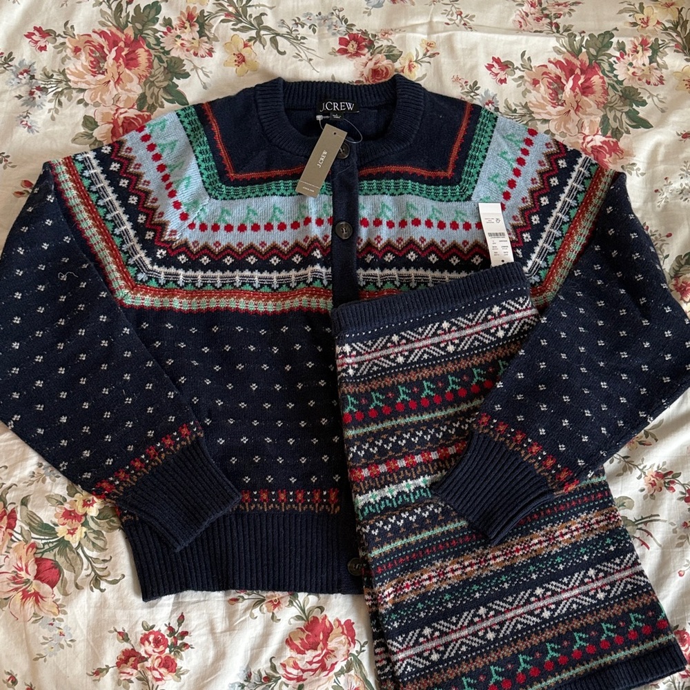 J. Crew Multi Fair Isle Cardigan Sweater and Mini Skirt Set Large NWT Cherries